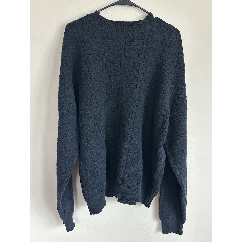 VTG Claiborne 100% Cotton Fisherman Nordic Black Cable Knit Sweater Size XL